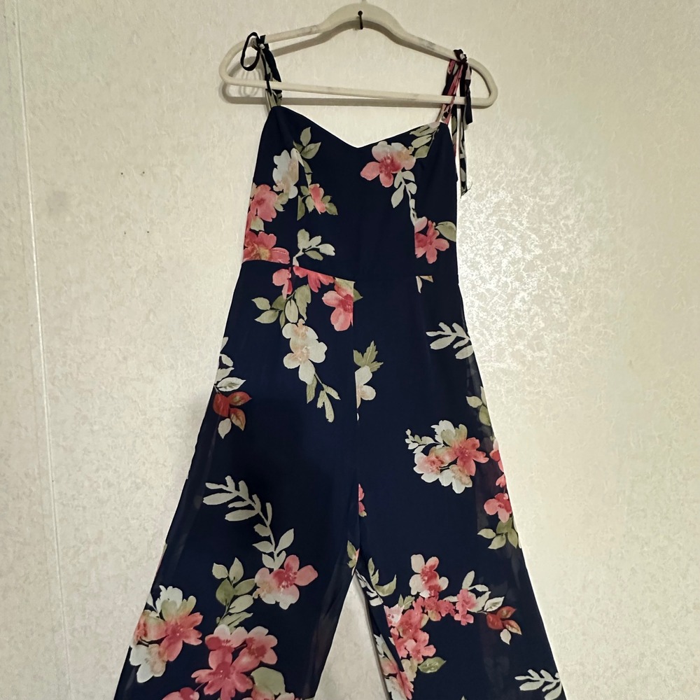 Lulus Navy Floral Wide Leg Jumpsuit Spaghetti Strap Sweetheart Neck Feminine L